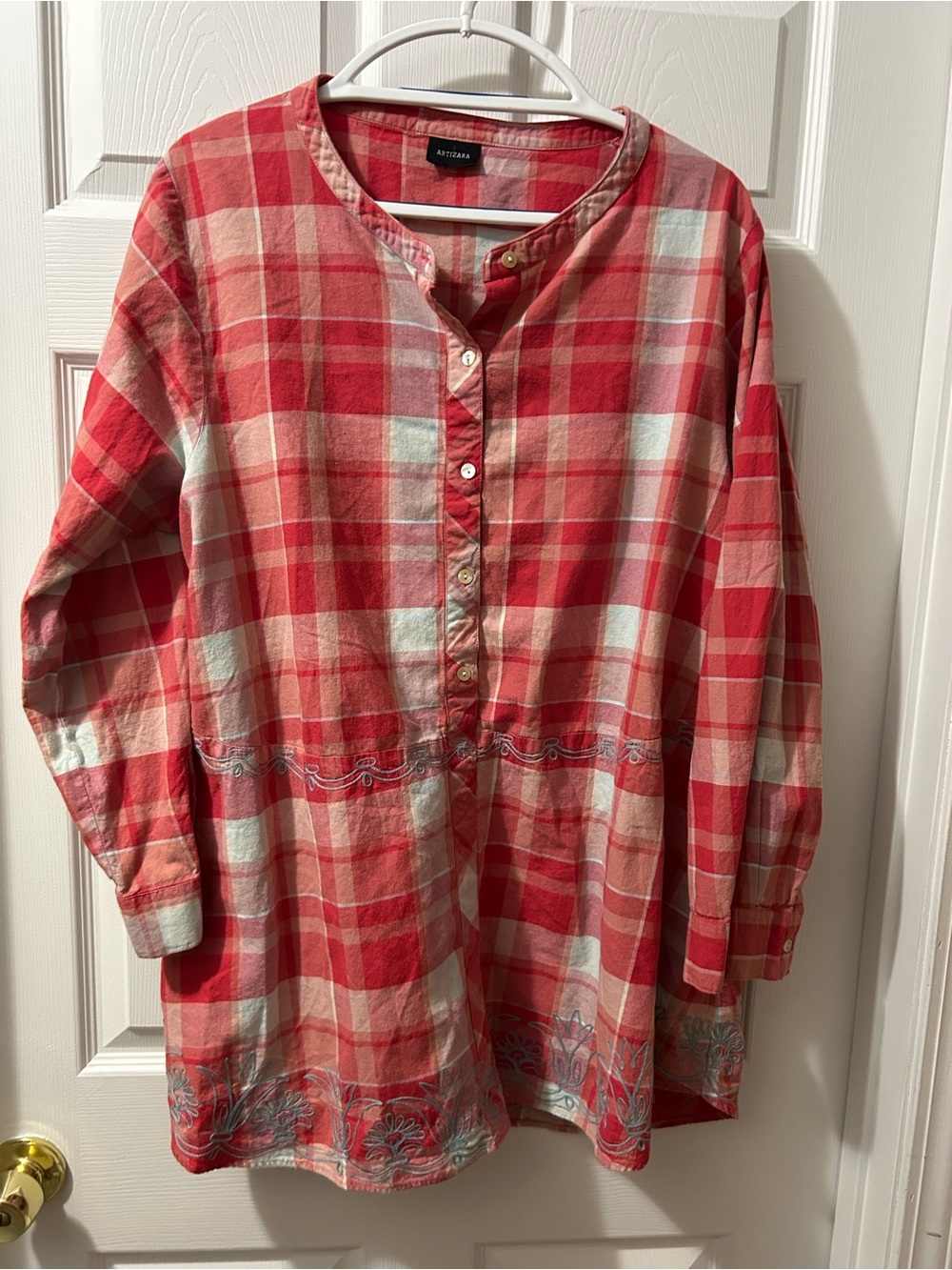 Artizara Red Plaid Embroidered Tunic 2XL 3XL Oversized Boho Button Front